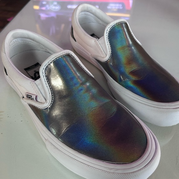 Vans Silver Slip-On Shoes EUC White with Iridescent Shiny Top and Fabulous Fit - Picture 1 of 13